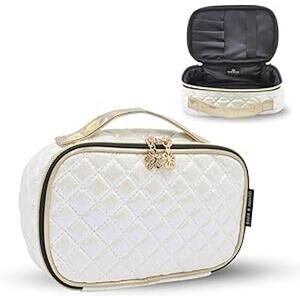 Quinn & King Quilted Travel Makeup Bag, Lightweight, Flat Opening Charm Zipper